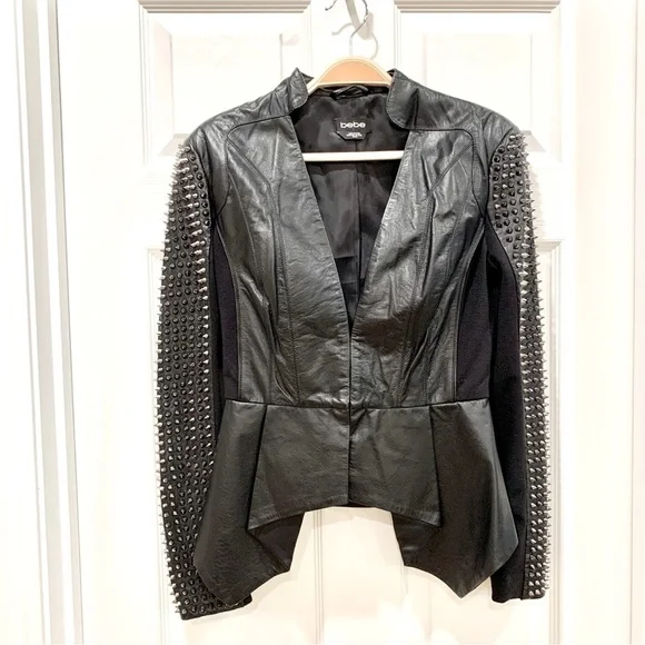🌟 BEBE Black Genuine Leather Spiked Sleeves Peplum Moto Biker Jacket - Picture 8 of 16